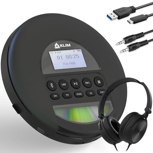 KLIM Nomad with Headset - New Version - Portable CD Player Walkman with Long-Lasting Battery - Radio FM - Compatible MP3 CD Player Portable - TF Card Radio FM Bluetooth - Ideal for Cars - Black