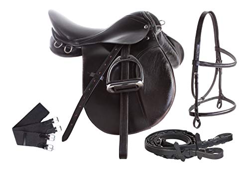 Acerugs English Trail Saddle All Purpose Jumping Pleasure Show Premium Leather Black Brown Horse TACK Set Bridle REINS Girth Cinch Stirrups Equestrian Equipment (Black, 18")