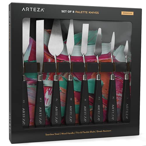 Arteza Palette Knives 8-Pack, Sizes No. 1, 25, 7, 15, 39, 23, 17, 21, Durable Stainless Steel Blade & Break-Resistant Wooden Handle, Art Supplies for Oil & Acrylic Painting