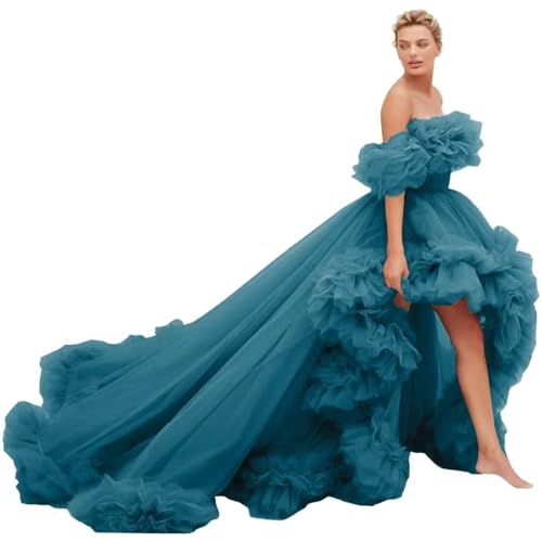 Puffy Tulle Women's Ruffle Prom Dress 2025 High Low Evening Flying Dress with Train for Photoshoot Peacock