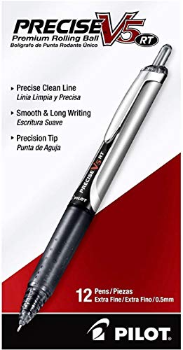 PILOT Precise V5 RT Refillable & Retractable Liquid Ink Rolling Ball Pens, Extra Fine Point (0.5mm) Black Ink, 12-Pack (26062) (Dozen Box, 1-Pack (Black))