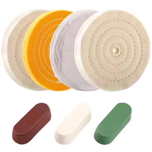 7PCS 6 Inch Polishing Wheels Kit for Bench Grinder, Include 1/2" Arbor Hole 2 White Cotton Polish Wheels(70Ply), Yellow Cotton Wheel(42Ply), Soft Flannel Buffing Wheel(30Ply)& 3 Polishing Compound Set