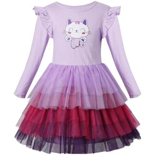 VASCHY Purple Cat Dress for Girls, Tulle Dress Cotton Ruffle Sleeve Princess Birthday Party Outfit Clothes,Toddler/Little/Big Kid Girls 5T