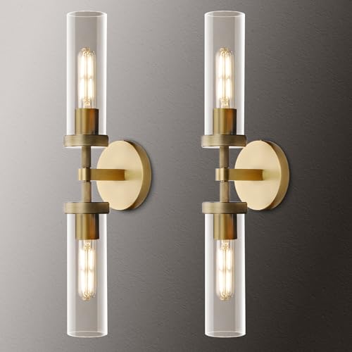 ZHTIECHUI Knurled Brass Wall Sconces Set of Two,21" Sconces Wall Lighting 2-Light, Gold Bathroom Wall Sconces, Glass Vanity Lights, Indoor Wall Sconce for Bathroom,Bedroom, Living Room, Hallway