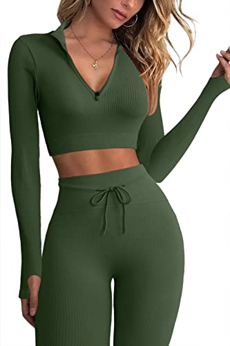 QINSEN Workout Sets for Women 2 Piece Seamless Long Sleeve Crop Tops Ribbed High Waist Leggings (S, Y118 Army Green)