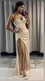 PUXIU Long Strapless Satin Ruched Prom Dresses with Slit for Women Champagne Halter Pleated Mermaid Corset Bridesmaid Dress 2025 8