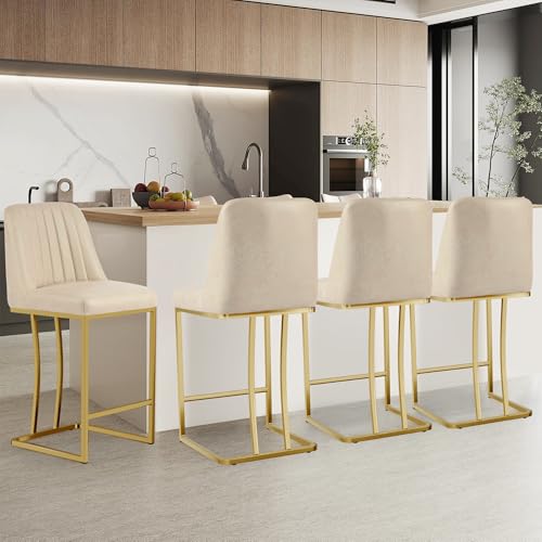 LSSBOUGHT Counter Height Bar Stools Set of 4 24'' Upholstered Padded Barstools with Back Leathaire Counter stools for Kitchen Island Chairs with Gold Metal Iron Frame, Beige