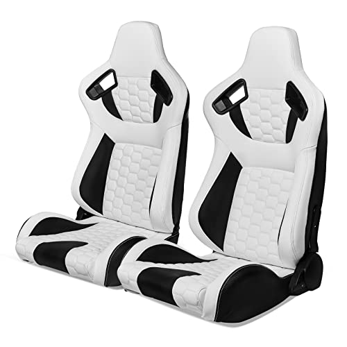 IKON MOTORSPORTS, Universal Racing Seats with Dual Sliders, Reclinable White & Black PU + Carbon Leather with Hexagonal Quilting Sport Bucket Seats, 1 Pair Driver + Passenger Side