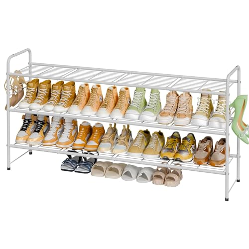 MWQ 3 Tier Shoe Rack for Closet, 46.5 Inch Extra Long Shoe Storage Organizer for Shelves, Heavy Duty Metal, Easy Assembly, White