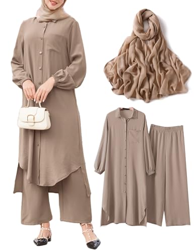 APRROOT Modest Clothing for Women Abayas Dress Muslim Robe Islamic Kaftan 3 PCS Set Long Sleeve Button Shirts Pants Hijab Dubai Outfits Khaki L