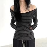 Stripe Shirts Women Y2K Long Sleeve Grunge T Shirt One Shoulder 90s Emo Top Deep Grey L