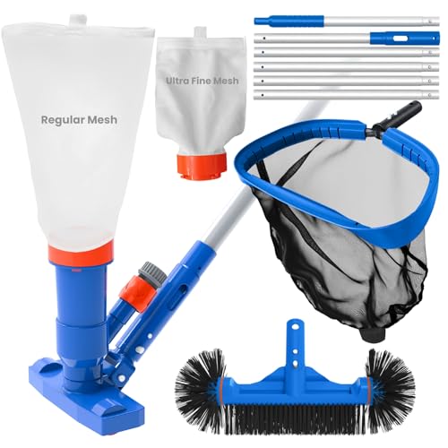 Poolvio Pool Cleaning Kit with Spa Jet Vacuum Cleaner, 8-Foot Pole, Leaf Rake Net & Round Brush for Inflatable and Above-Ground Pools