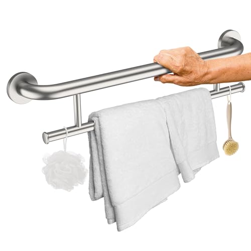 Brushed Nickel Grab Bar 24 Inch w/Towel Holder, iHansee Stainless Steel Towel Rack Shower Support Balanced Support Handle, Wall Mount Safety Handrail Grab Rail for Elderly Senior Handicap Disabled