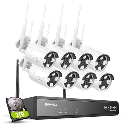 SANNCE 2K Wireless Security Camera System, 8CH 5MP NVR with 8Pcs 3MP Outdoor WiFi IP Surveillance Cameras with One-Way Audio,Night Vision, Remote Access, Motion Alerts, Compatible with Alexa, No HDD