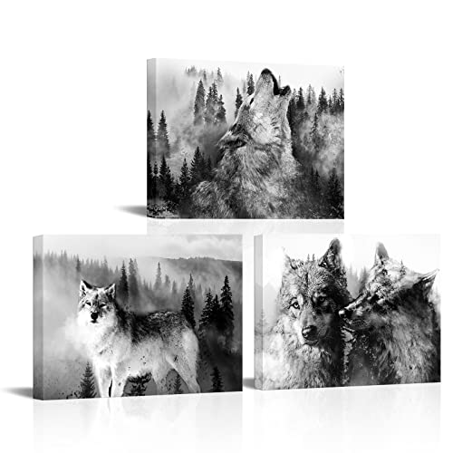 OuElegent 3 Piece Wolf Canvas Wall Art Forest Animal Picture Paintings Black and White Wolves Prints Artwork for Living Room Bedroom Bathroom Decor Ready to Hang