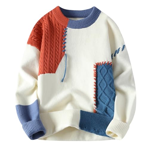GURUNVANI Patchwork Sweater Mens Colorblock Jumper Cable Knitted Pullover Oversized, Orange, Medium