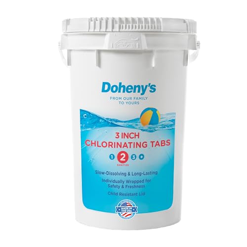 Doheny’s 3-Inch Stabilized Chlorine Tablets | 99% Pure Tri-Chlor, 90% Available Chlorine | Long-Lasting, UV-Protected, Slow-Dissolving Pool Sanitizer | Individually Wrapped, Childproof 50lb Bucket