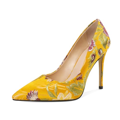 Eldof High Heels for Women, Pointed Toe Flower Embroidered Stiletto Heel Pumps, Slip On High Heel Pumps Shoes Women for Dress Party Wedding Satin Yellow Heels 4 Inches US Size 8