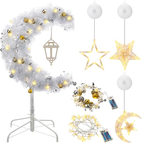 Glooglitter Eid Outdoor Decoration 3ft Lighted Ramadan Mubarak Crescent Tree with Star String LED Artificial Moon Tree for Eid Ramadan Garden Home Outdoor Party Decor(Silver)