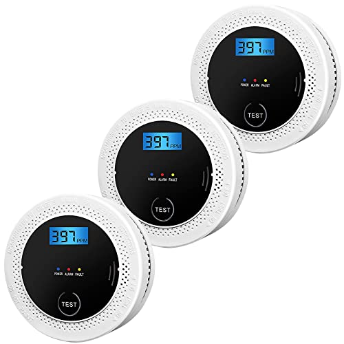 3 Pack Smoke and Carbon Monoxide detectors Powered by Batteries, with Digital Display, Smoke and Carbon Dioxide Dual Alarm sensors, Easy to Install Black