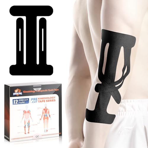 12 Count Kinesiology Tape for Elbow, Pre-Cut Waterproof KTquick Elbow Tape for Elbow Pain Relief Pre Cut, Original Cotton Athletic Tape, Durable Knee Tape for Sports and Long-Lasting Support (Black)