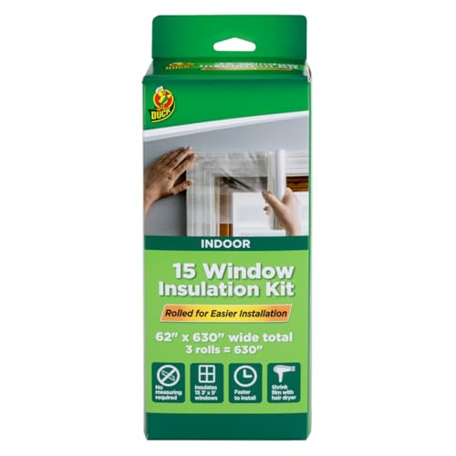 Duck Brand Winter Window Insulation Kit – Window Seal Rolled Shrink Film Covers Up to 15 3’ x 5’ Windows – Window Tape Included – Easy Indoor Installation - Clear - 15-Pack (288069)