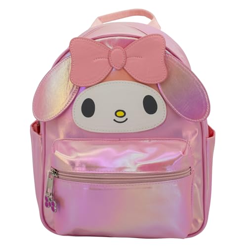 AI ACCESSORY INNOVATIONS My Melody Big Face Cosplay Mini PU Backpack Purse, Shoulder Bag with Epoxy Filled Metal Bow Charm, 10.5 Inch, Adjustable Straps, Faux Leather