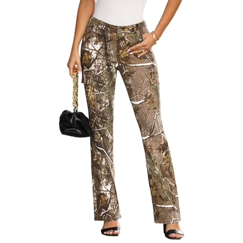 AprPith Women Camo Print Bootcut Jeans Mid Waisted Camouflage Cargo Slim Stretch Flare Denim Pant with Flap Pockets