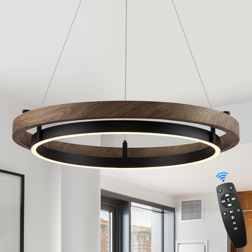 FookChak LED Ring Chandelier Modern Round LED Pendant Light 24in Walnut Wood & Black Chandelier Dimmable Ceiling Pendant Light Fixtrure for Dining Room Entry Kitchen Island Bedroom Living Room