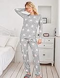 Ekouaer Womens Pajama Set Long Sleeve Sleepwear Star Print Nightwear Soft Pjs Lounge Sets with Pockets light Grey Pink Star Small