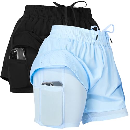 Ultra Performance Gym Shorts Women Pack of 2, Nylon Compression Workout Shorts Women with Liner, Large