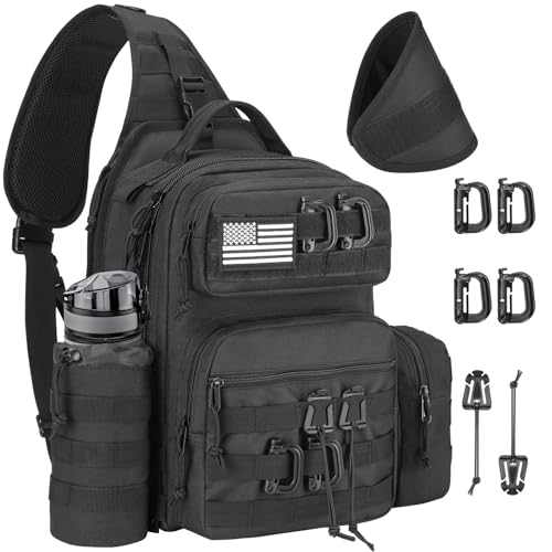 CVLIFE Tactical Sling Bag Backpack for Men Military Shoulder Sling Bag Molle Army Assault Detachable Tactical Bag with Bottle Holder Concealed Carry Daily Day Pack Work Bag for EDC Hiking, Black