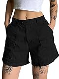 EMMIOL Black Women Cargo Shorts Elastic High Waist Pocket Shorts Y2k Egirls Slim Fitted Shorts Vintage Harajuku Streetwear