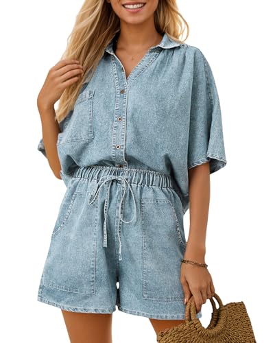 Zilcremo Womens 2 Piece Outfits Summer Denim Sets Short Sleeve Button Down Crop Jean Shirts High Waist Denim Shorts Sets Lightblue S