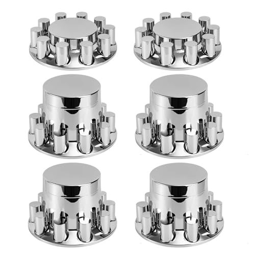 Cylinder Wheel Covers for Semi Trucks - 2 Front and 4 Rear Axle Hub Covers with 33mm Thread-On Chrome Lug Nut Covers for Semi Truck