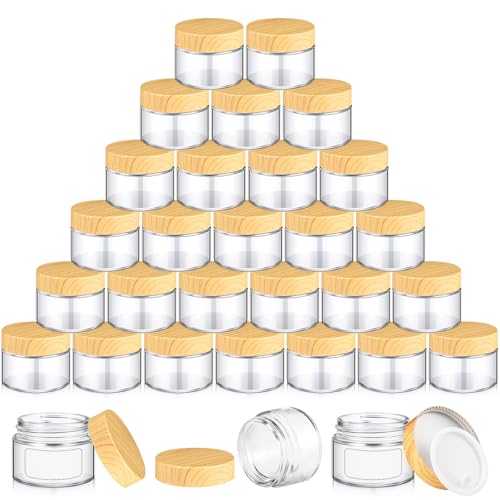 Layhit 24 Pcs 50 ml Cosmetic Glass Jars with Lids 1.69 oz Small Jars with Plastic Woodgrain Lids, White Labels and Inner Liners Empty Round Cosmetic Containers for Creams Lotions Powder Candle Making
