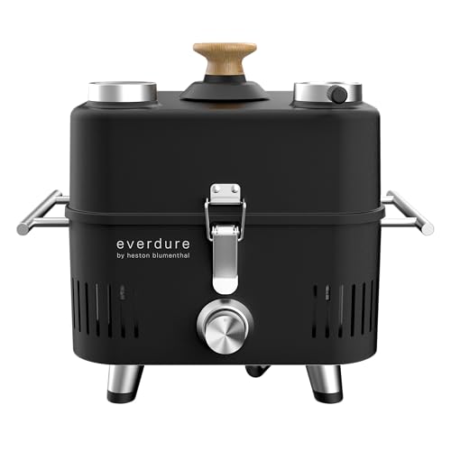 Everdure CUBE Proflame 360 Portable Propane Gas Grill – 8,500 BTU, Cast Iron Grate, Stainless Steel Burner, Roasting Hood with Thermometer – Compact & Lightweight for Camping, Tailgating, and Travel