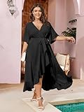 SCOMCHIC Women Plus Size Maxi Dress Short Sleeve Wrap V Neck High Low Split Ruffle Long Dress Black