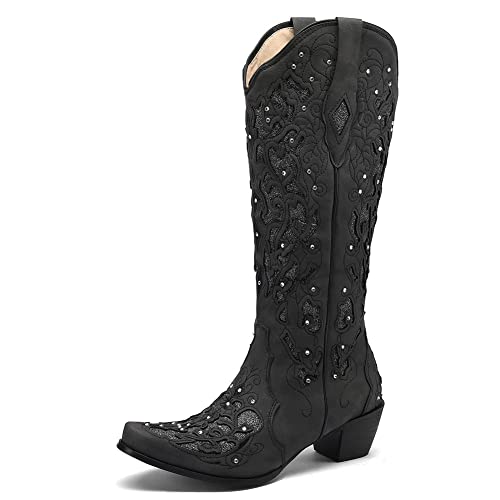 SaraIris Cowboy Boots for Women Cowgirl Western Boots Chunky Heel Pointed Toe Pull On Rhinestones Embroidered Knee High Mid Calf Boots