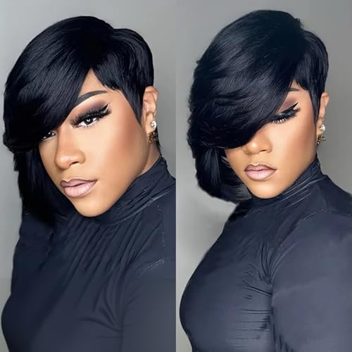 PurpleSexy 10A Side Part Pixie Cut Wigs for Black Women Natural 1B Color Short Layered Pixie Cut Human Hair Wig With Bangs Glueless Chic Elegent Thick and Full Wear and Go Wig
