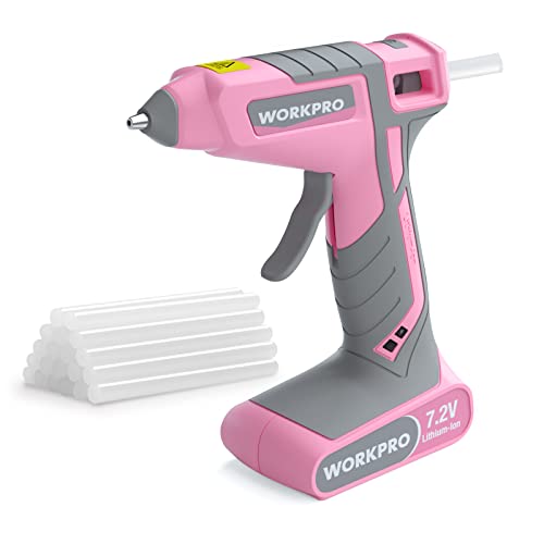 WORKPRO Pink Cordless Hot Melt Glue Gun, 7.2V Rechargeable Fast Preheating Glue Gun Kit with 20 Pc Premium Mini Glue Stick, Automatic-Power-Off Glue Gun for Art, Craft, Decoration - Pink Ribbon