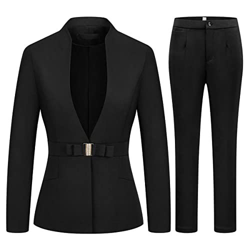 MODFUL Women's Business Pant Suit Set 2 Piece Slim Fit Blazer Jacket One Button Buckle Closure Lady Work Suit for Office (Black, Large)