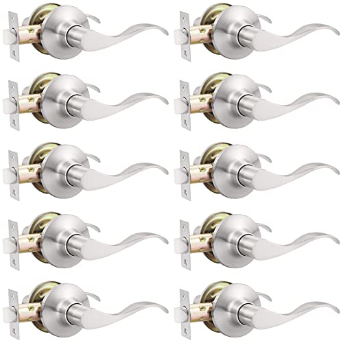 GOBEKOR 10 Pack Satin Nickel Passage Lever Handle Interior Door Levers Hallway Closet Door Handles Wave Door Lock Keyless Lever Door Handles