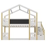 Merax Twin Over Twin House Bunk Bed Frames with Storage Staircase and Blackboard No Box Spring Needed for Teens, Girls or Boys