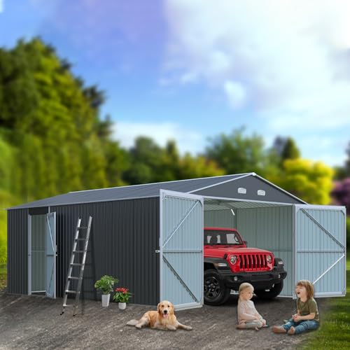 Jaxenor Metal Garage Shed 20x13 FT, Sheds & Outdoor Storage Clearance, Outdoor Storage Shed for Car, Truck, Bike, Lawnmower, Backyard Tool House Building 2 Doors and 4 Vents Dark Gray