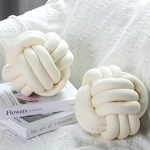 Namalu 2 Pieces Knot Ball Pillows Round Plush Aesthetic Cushion Pillows Soft Stress Relieving Cute Decorative Knotted Pillows for Kids Bed Sofa Bedroom Decor (Cream White, 7.87 Inches)