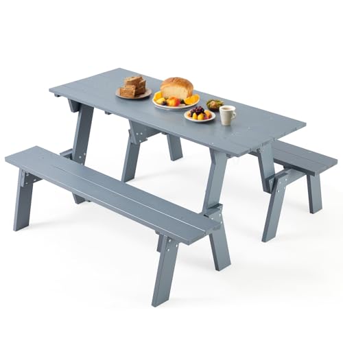 ECOTOUGE Wood Picnic Table Bench Set, All-Weather Patio 2-in-1 Convertible Dining Benches w/Heavy Duty Wooden Frame for Deck Backyard Porch Balcony, Grey