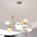 Nordic Schoolhouse Creative Planet Chandelier for Kids Bedroom Modern Gold Glass Ball Pendant Light Large Round Ring Hanging Ceiling Lamp Astronaut for Bedroom Children Kindergarten Toy Room(7 lights)