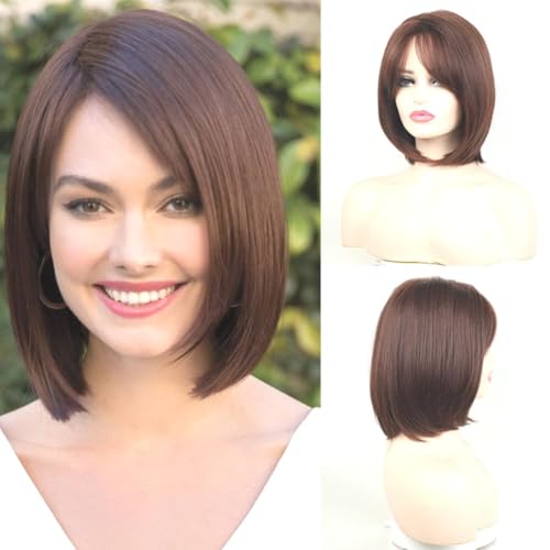 Nuxovin Short Straight Bob Wigs Human Hair with Side Part and Bangs, Breathable Capless Glueless, Heat Resistant Real Hair for a Sleek and Comfortable Fit (Reddish brown,10inch)