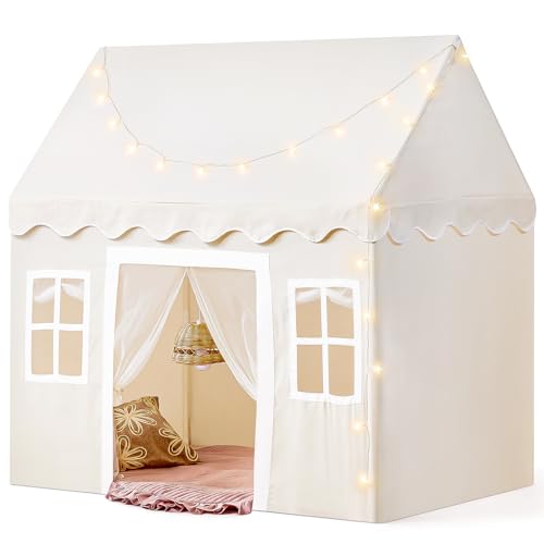 Tiny Land Play Tent with Padded Mat & LED Lights, Kids Tent, Playhouse for Kids, Indoor Bed Tent for Toddler, Toys for 3,4,5,6-Year-Old Girls, Neutral Color Play Room Furniture